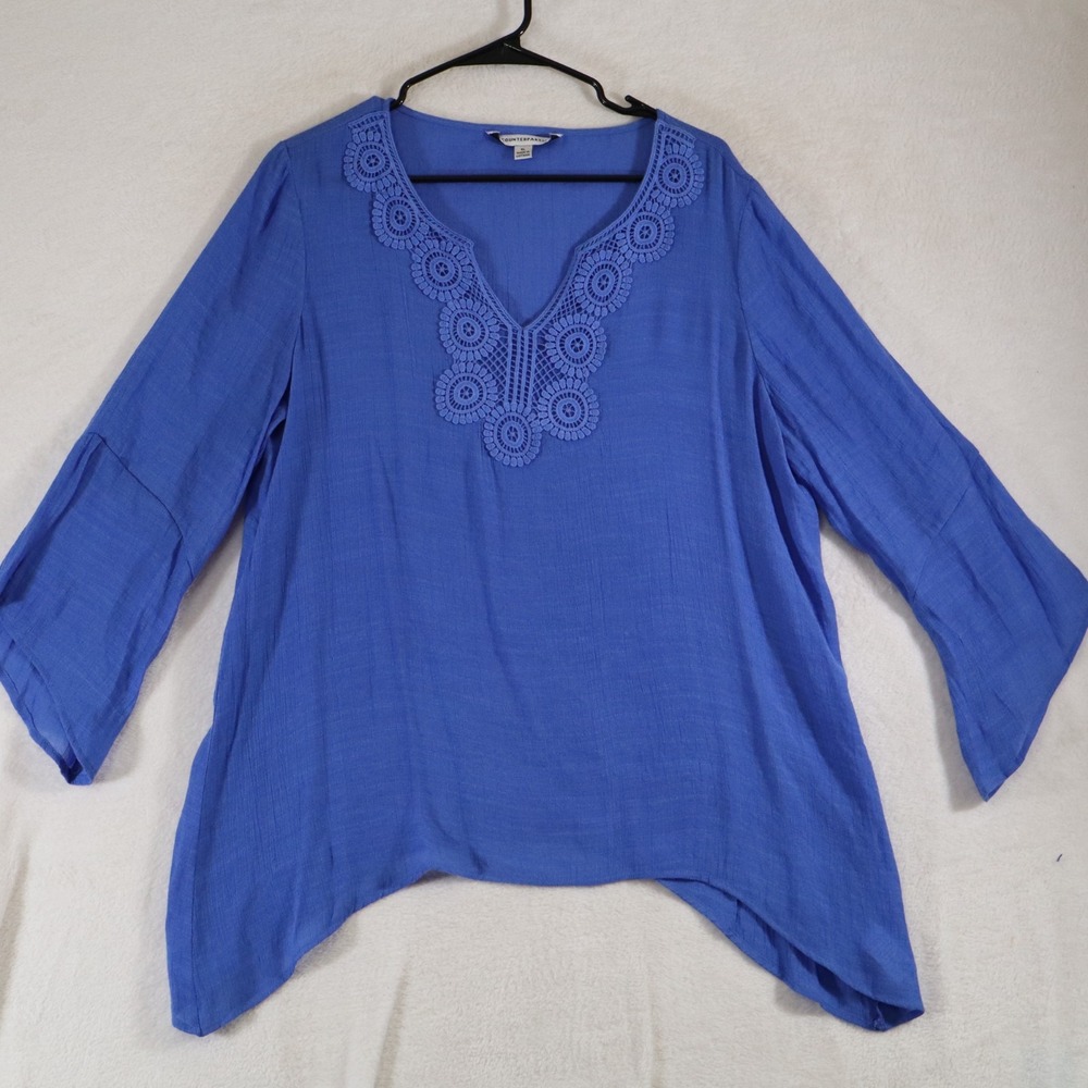 Counterparts Women's XL Blue Embroidered Lace‑Neck Tunic – 3/4 Sleeve Asymmetric